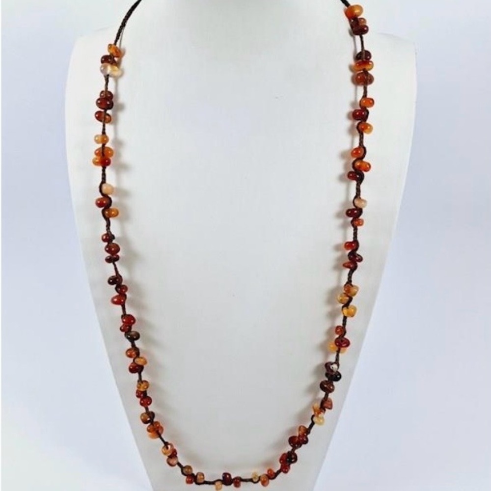 Chan Luu 40.5" Leather Cinnamon Agate Beaded Necklace Boho Layering Gemstone
